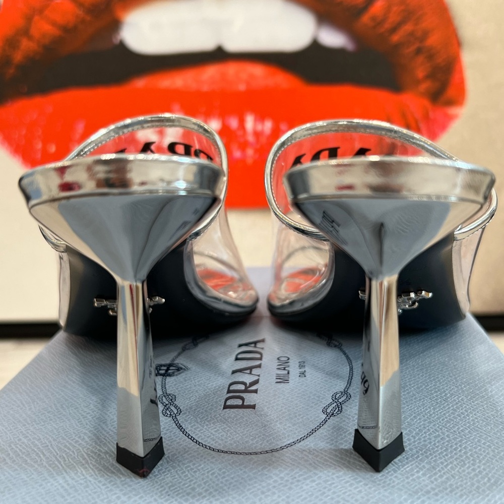PRADA Logo-print Plexiglas high-heel slides EU:35.5 - Picture 8 of 12